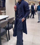 Navy Blue Twill Silk Resham Embroidered Kurta with Aligarhi Pant Set