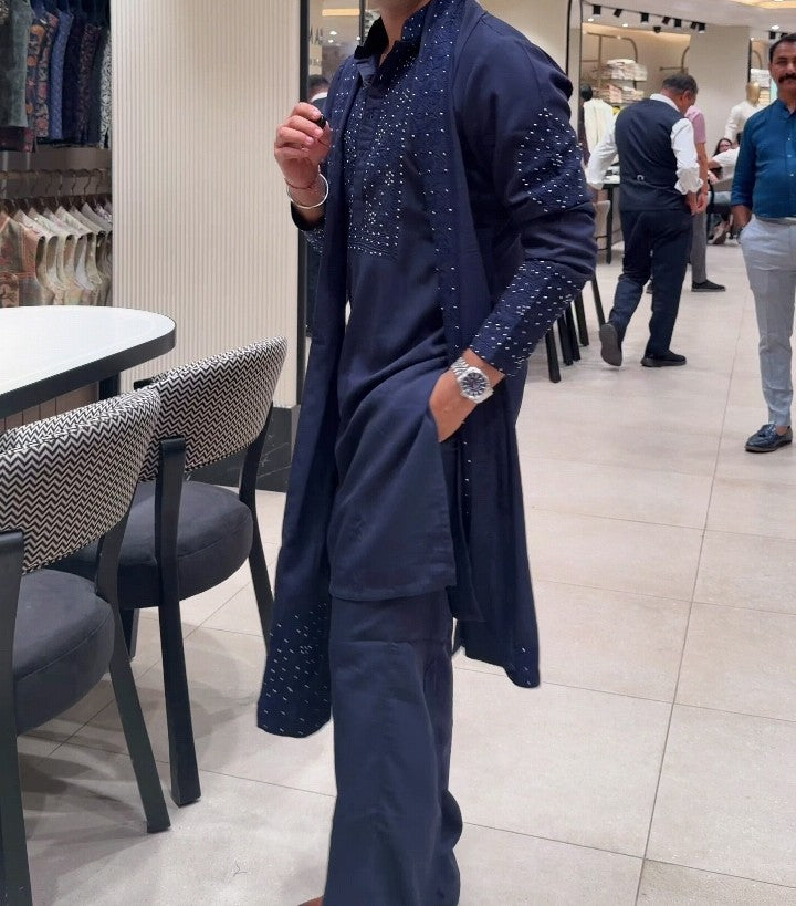 Navy Blue Twill Silk Resham Embroidered Kurta with Aligarhi Pant Set