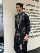 Black Silk Metal Embellished & Embroidered Kurta with Aligarhi Pants