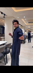 Navy Blue Twill Silk Resham Embroidered Kurta with Aligarhi Pant Set