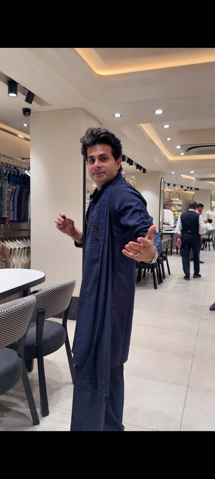 Navy Blue Twill Silk Resham Embroidered Kurta with Aligarhi Pant Set