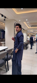 Navy Blue Twill Silk Resham Embroidered Kurta with Aligarhi Pant Set