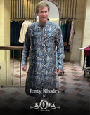 Cricketer Jonty Rhodes brings effortless charm in our teal blue muslin digital silk kurta with embroidery and print.