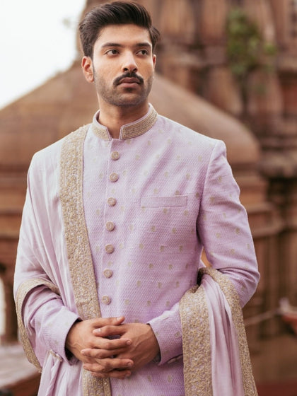 Baby Pink Zari Butti Sherwani Set with Stole & Churidar | Occasion Wear