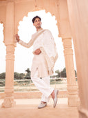 Beige jacquard silk sherwani set for men with dupatta and pant – front view