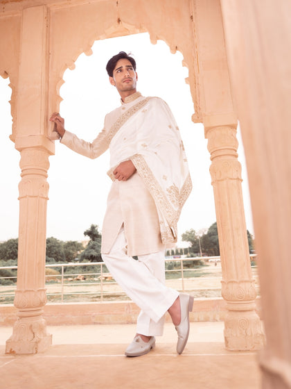 Beige Jacquard Silk Sherwani Set for Men with Dupatta & Pant