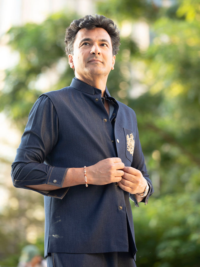Blue Kurta Bandi Set with Embroidered Patch Work - KORANM