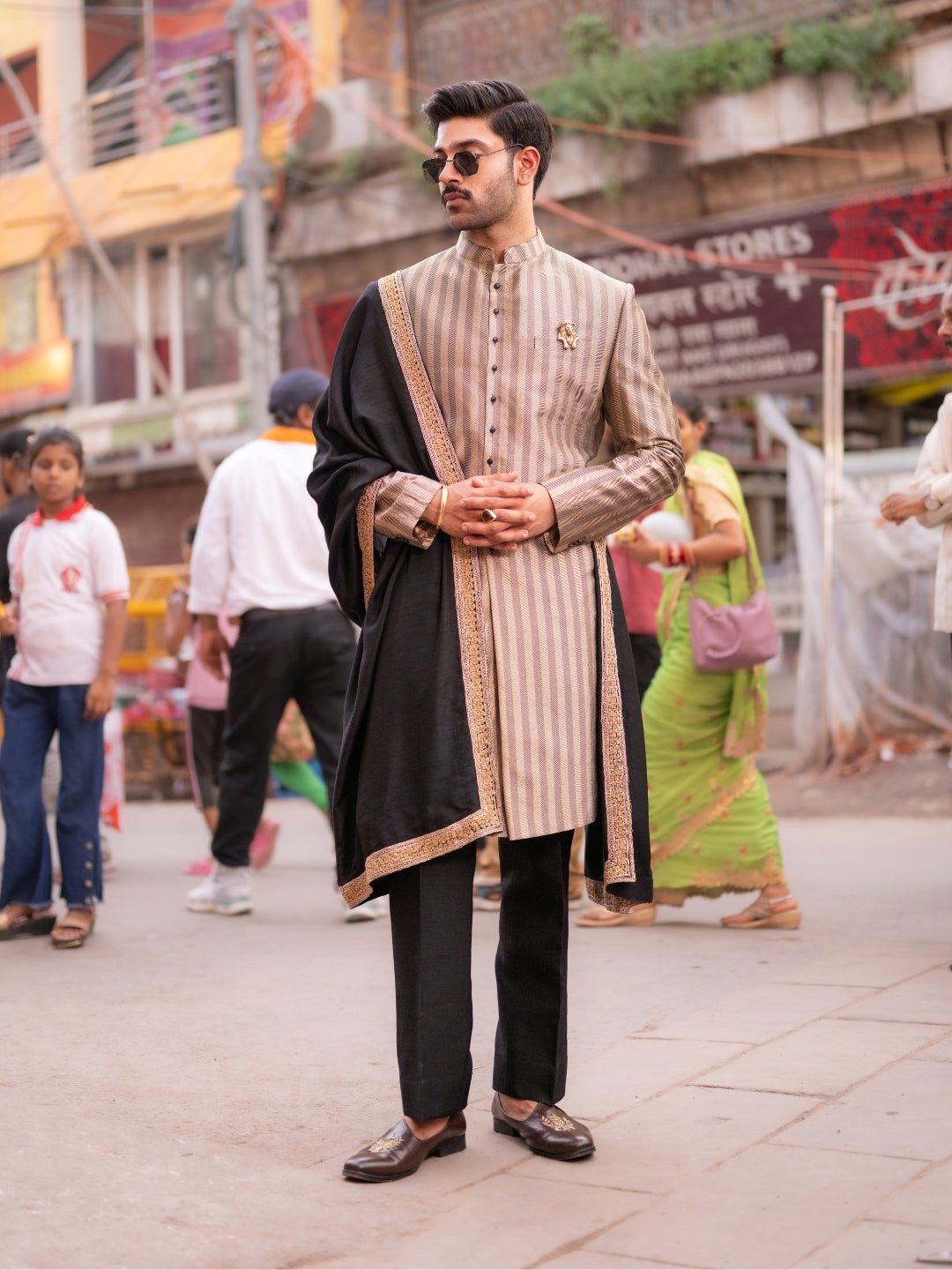 Dark Antique Hil Silk Sherwani Set with Pant & Dupatta | Occasion Wear - KORANM