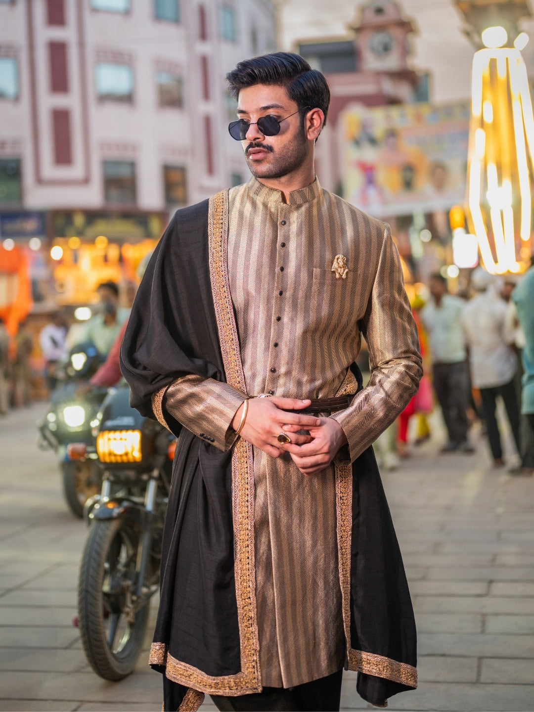 Dark Antique Hil Silk Sherwani Set with Pant & Dupatta | Occasion Wear - KORANM