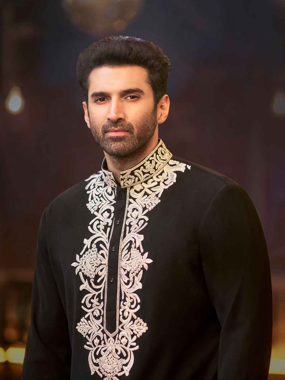 Black Satin Silk Embroidered Kurta Set- Aditya Roy Kapur Collection