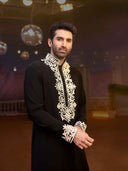 Black Satin Silk Embroidered Kurta Set- Aditya Roy Kapur Collection