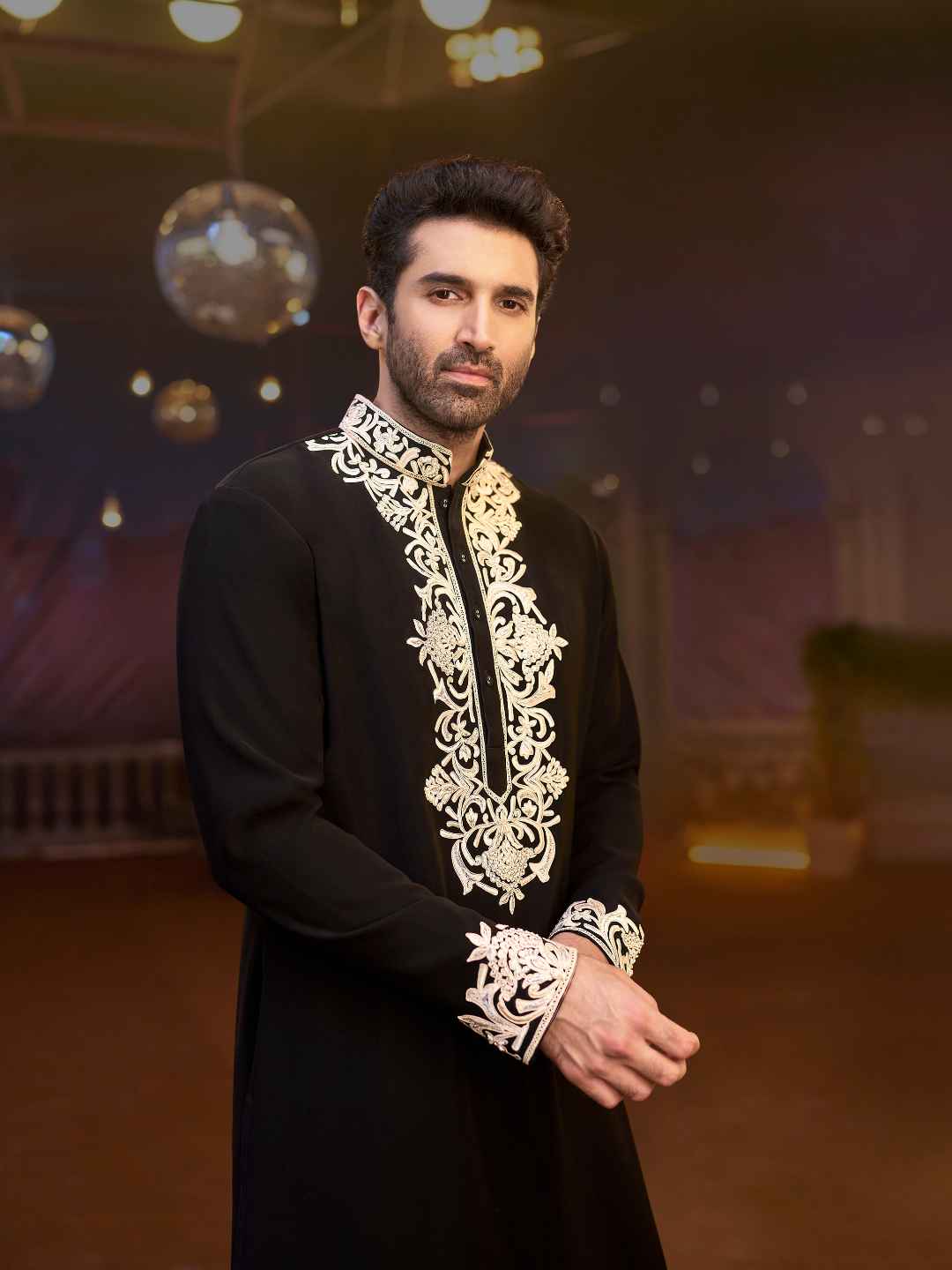 Black Satin Silk Embroidered Kurta Set- Aditya Roy Kapur Collection