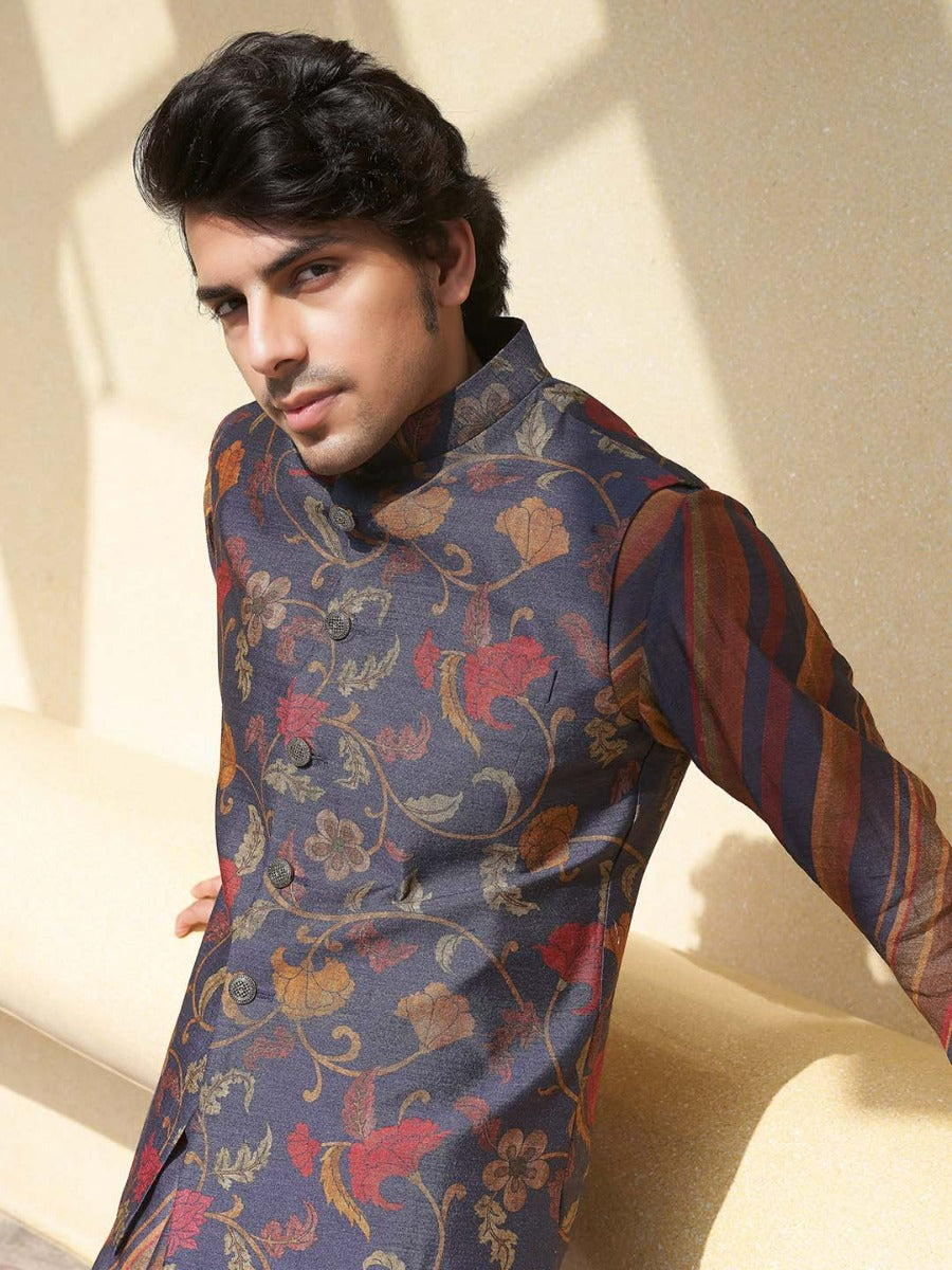 Ink Blue Printed Festive Kurta Bandi Set