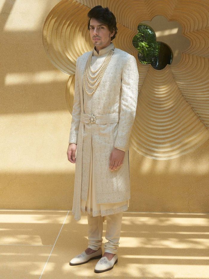 Royal Cream Embroidered Silk Sherwani For Groom