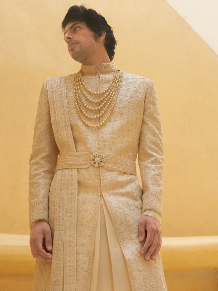 Royal Cream Embroidered Silk Sherwani For Groom - KORANM