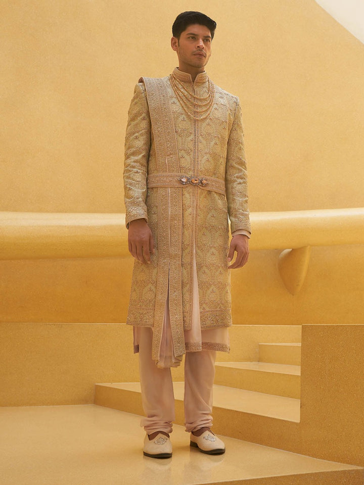 Pastel Pistachio Green Embroidered Sherwani For Groom