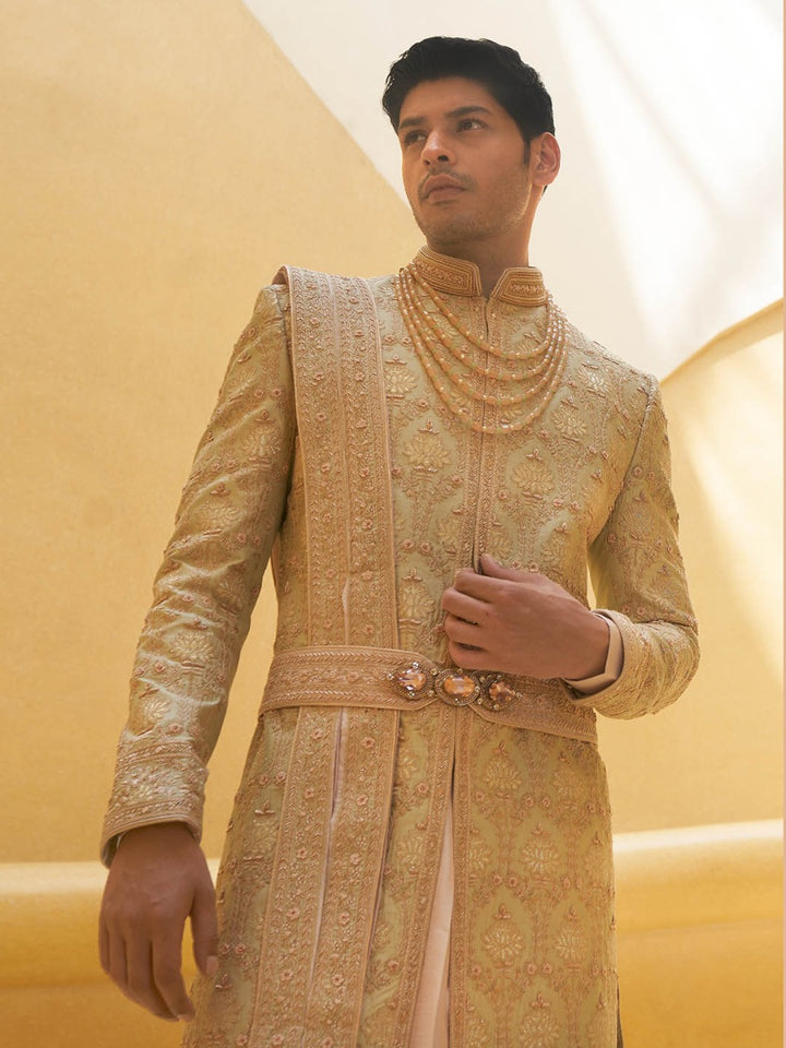 Pastel Pistachio Green Embroidered Sherwani For Groom