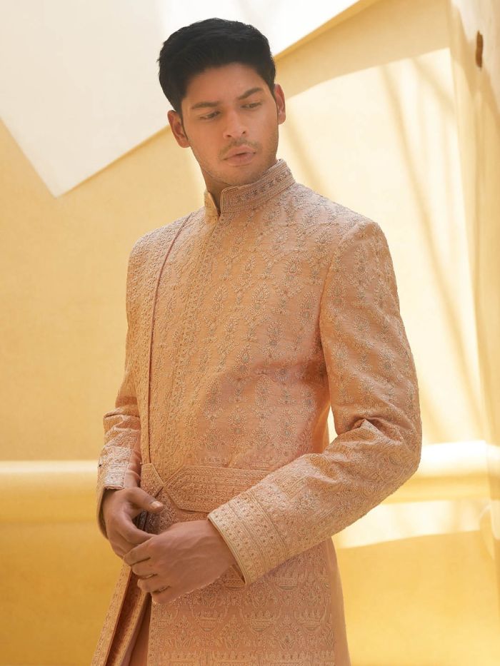 Pastel Pearl Pink Embroidered Sherwani For Groom