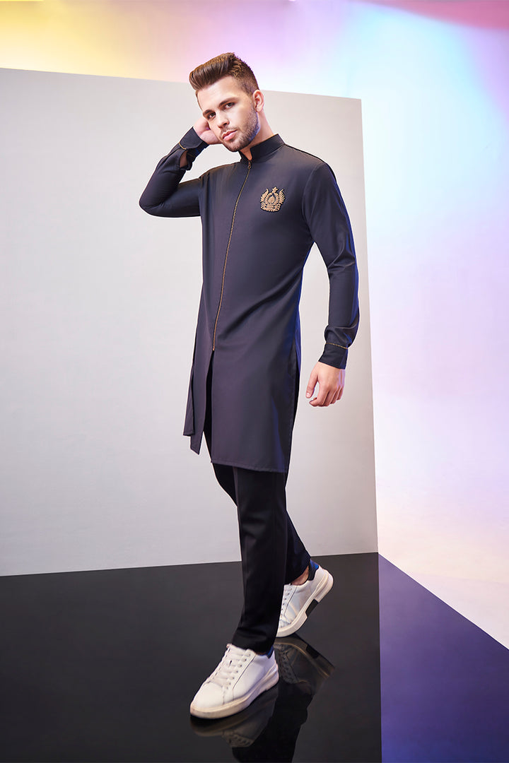 Charcoal Grey Blended Cotton Kurta Set