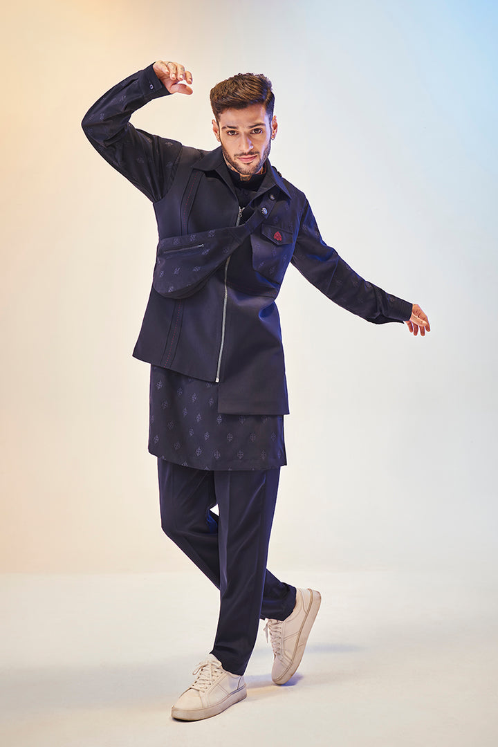 Cosmic Navy Blue Kurta With Zipper Bandi Set