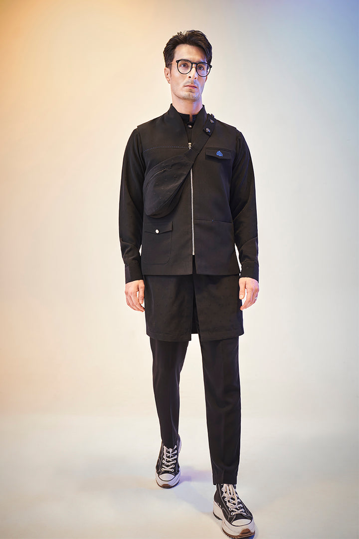 Jet Black Kurta With Fusion Bandi Set