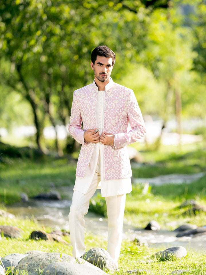 Lilac And Pearl White Embroidered Indo Western Set For Men