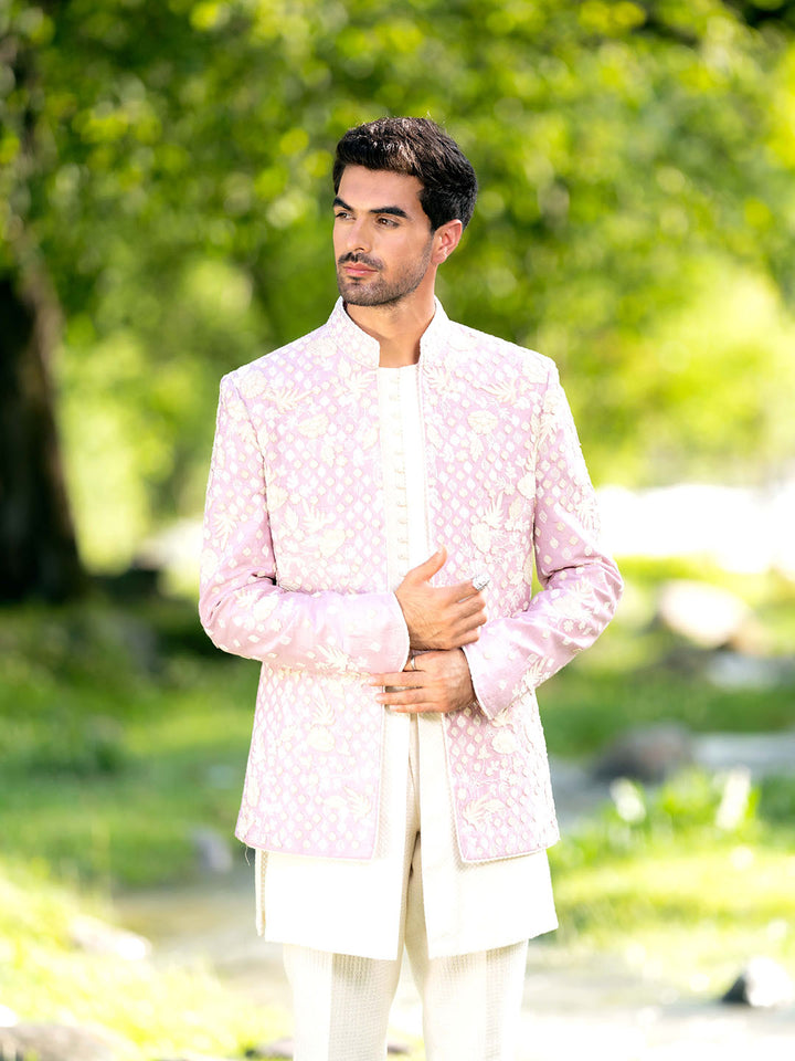 Lilac And Pearl White Embroidered Indo Western Set For Men