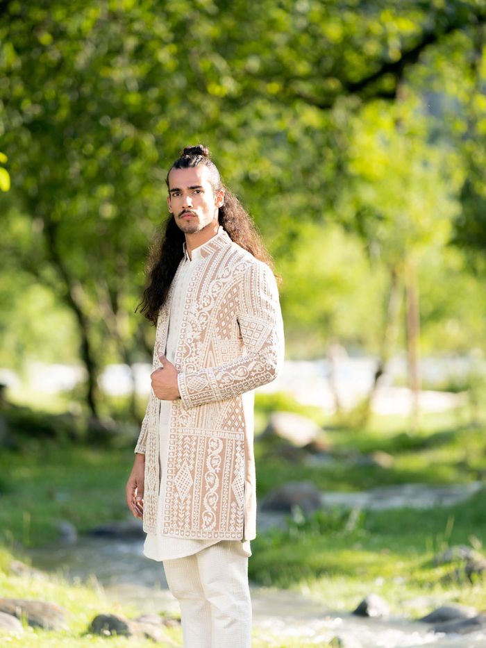 Pearl White And Khaki Embroidered Indo Western Sherwani For Men