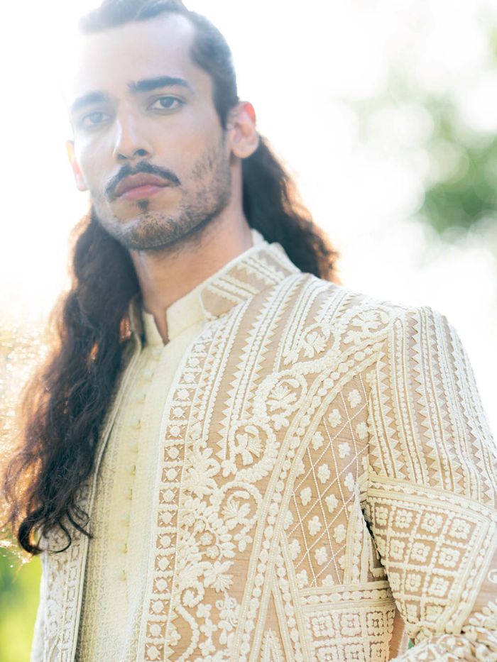 Pearl White And Khaki Embroidered Indo Western Sherwani For Men