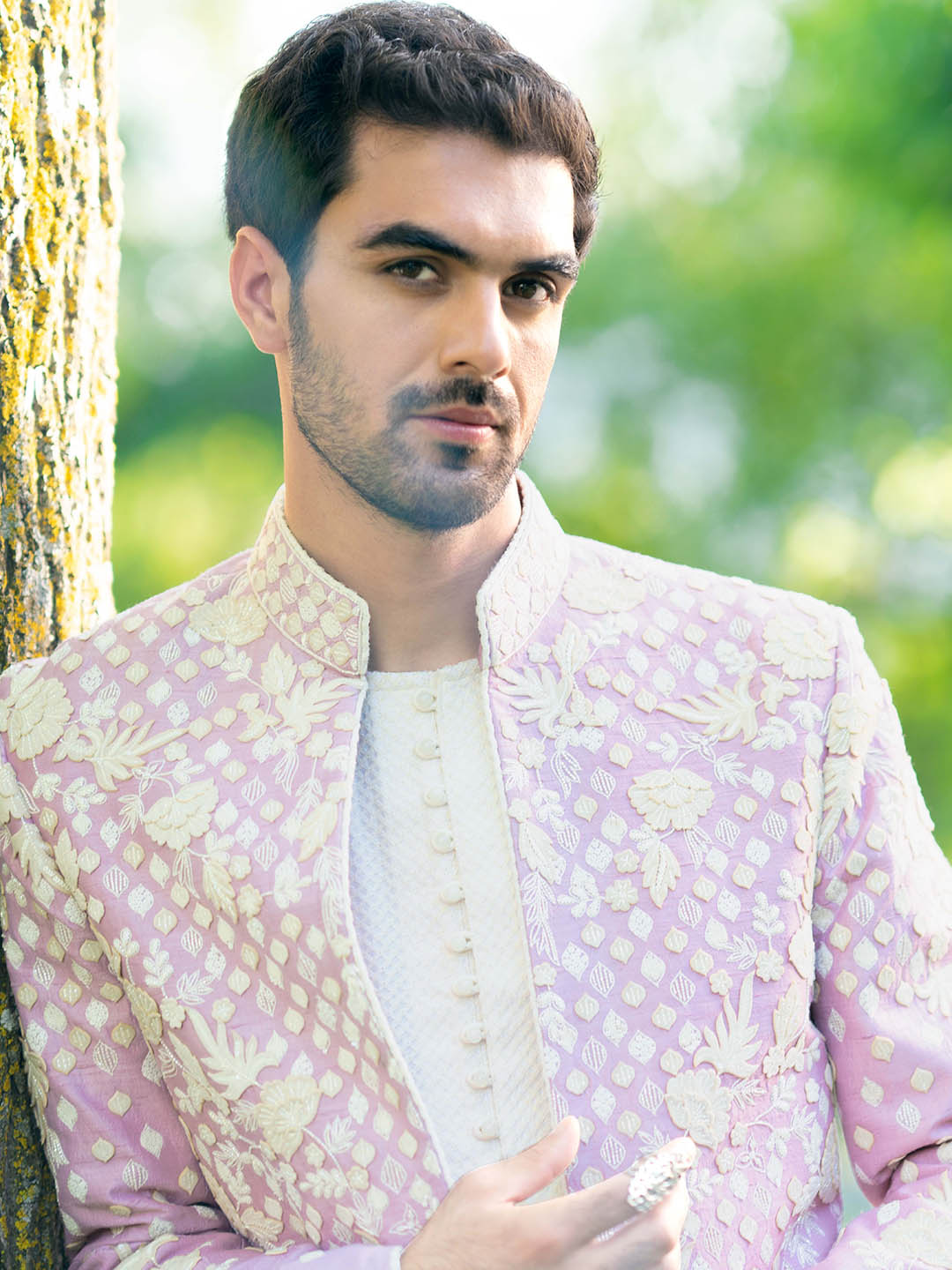 Lilac And Pearl White Embroidered Indo Western Set For Men