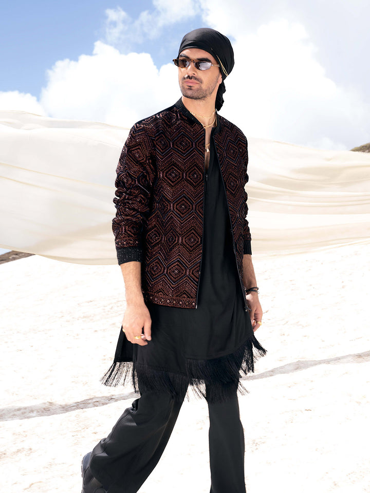 Coal Black Kurta Set With Embroidered Velvet Bomber Jacket Set