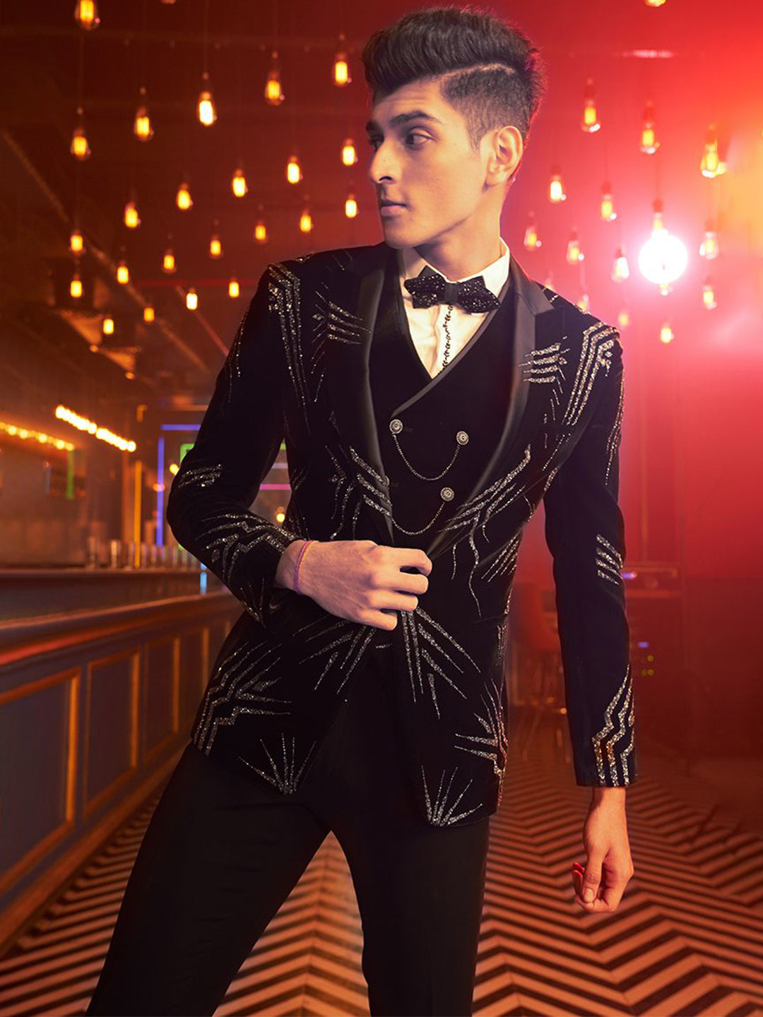 Raven Black Abstract Embroidered Cocktail Tuxedo Suit