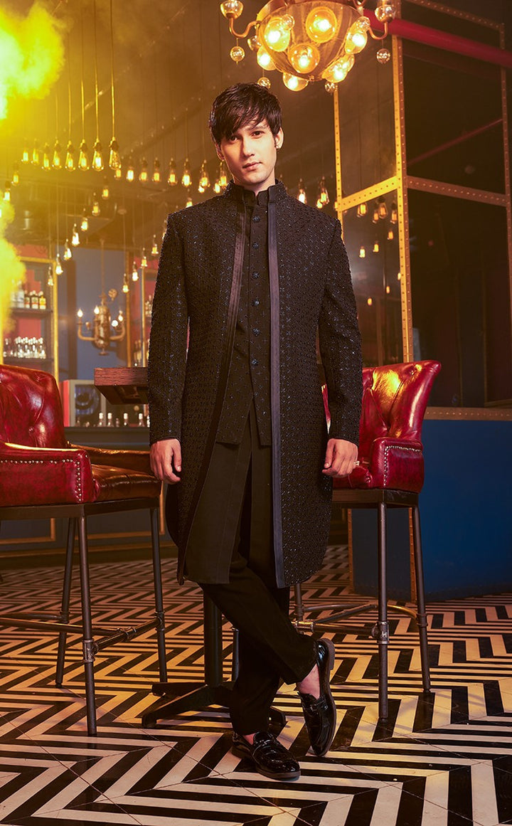 Royal Black Layered Cocktail Sherwani Set