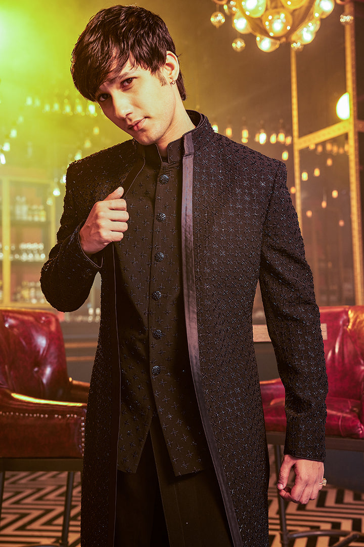 Royal Black Layered Cocktail Sherwani Set