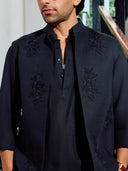 Black Floral Embroidered Linen Bandi with Shirt