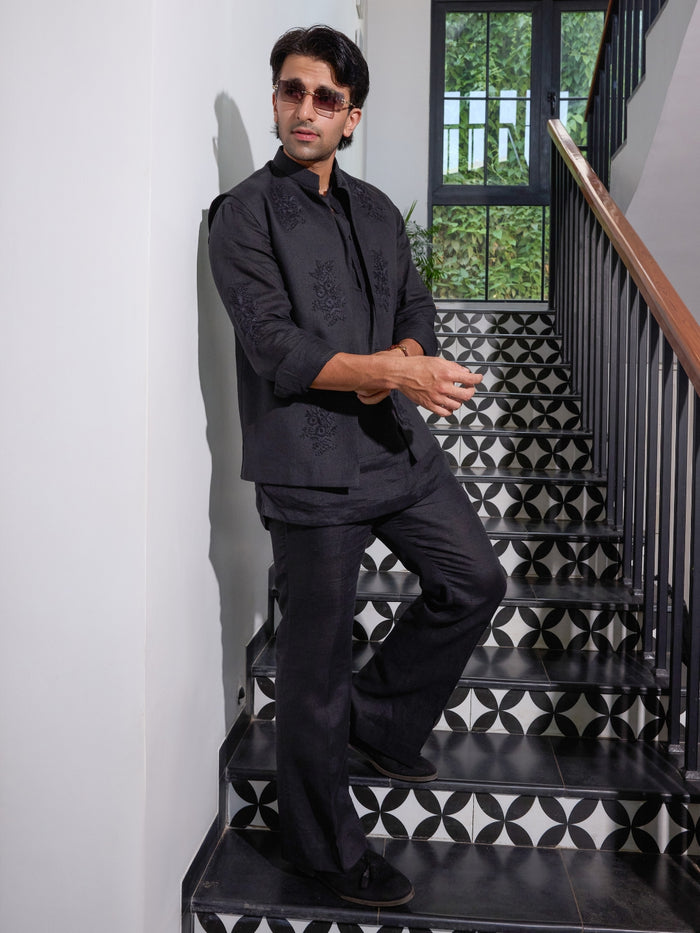 Black Floral Embroidered Linen Bandi with Shirt - KORANM