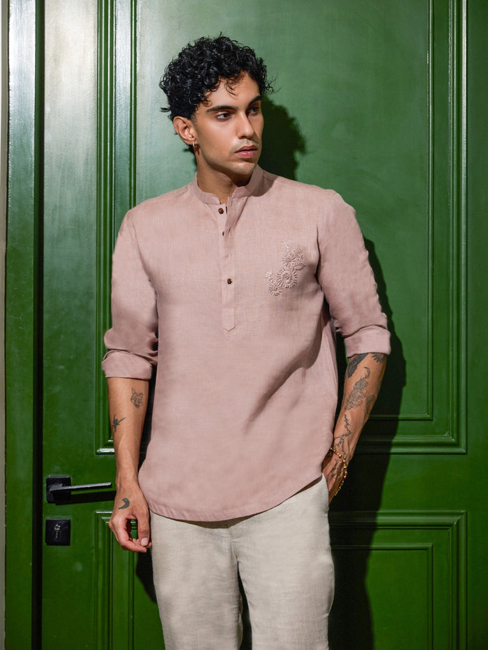 Onion Hand Embroidered Linen Short Kurta - KORANM