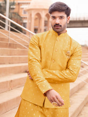 Mustard brocade silk bandi set for men with kurta and aligarhi – front view