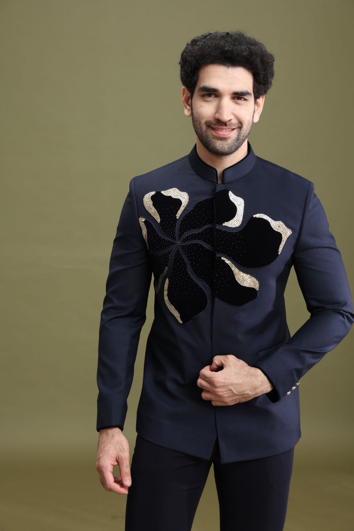 Navy Blue Rayon Velvet Bandgala Jodhpuri Set for Men with Hand Embroidery | Kora - KORANM