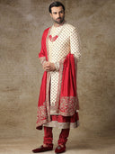 Pearl White And Maroon Sherwani for Men