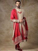 Pearl White And Maroon Sherwani for Men