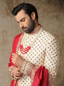 Pearl White And Maroon Sherwani for Men