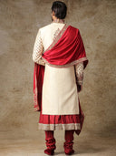 Pearl White And Maroon Sherwani for Men