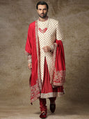 Pearl White And Maroon Sherwani for Men
