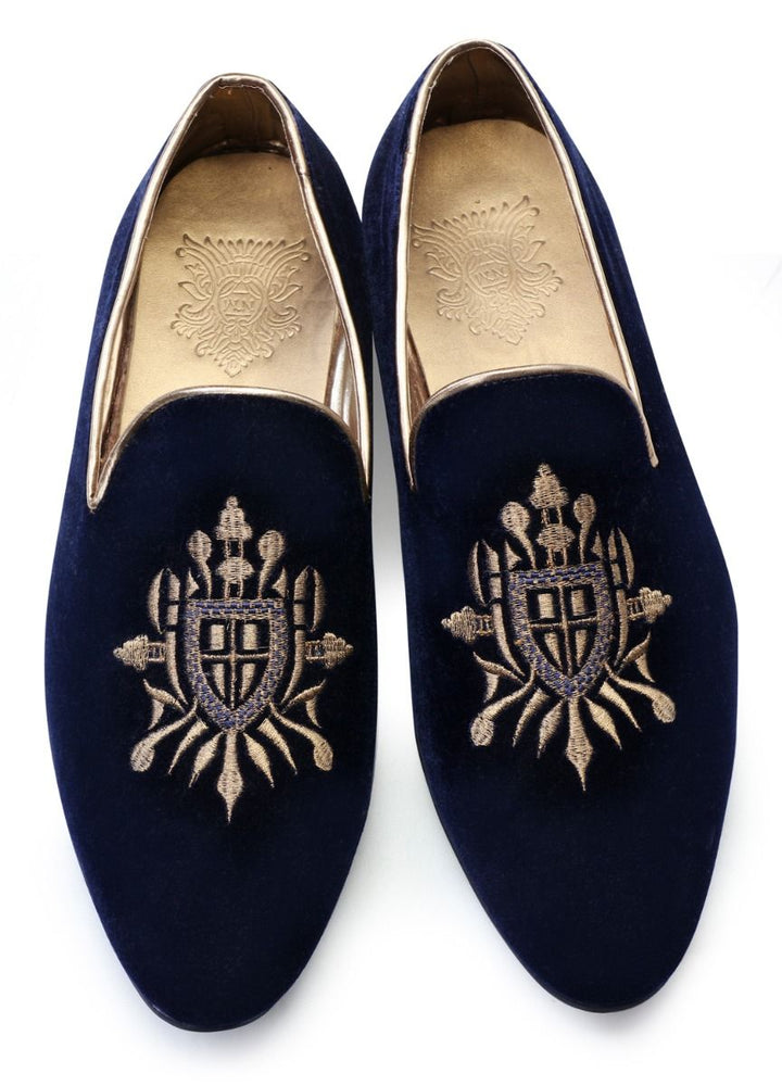 Navy Blue Hand Crafted Light Gold Embroidered Velvet Shoes