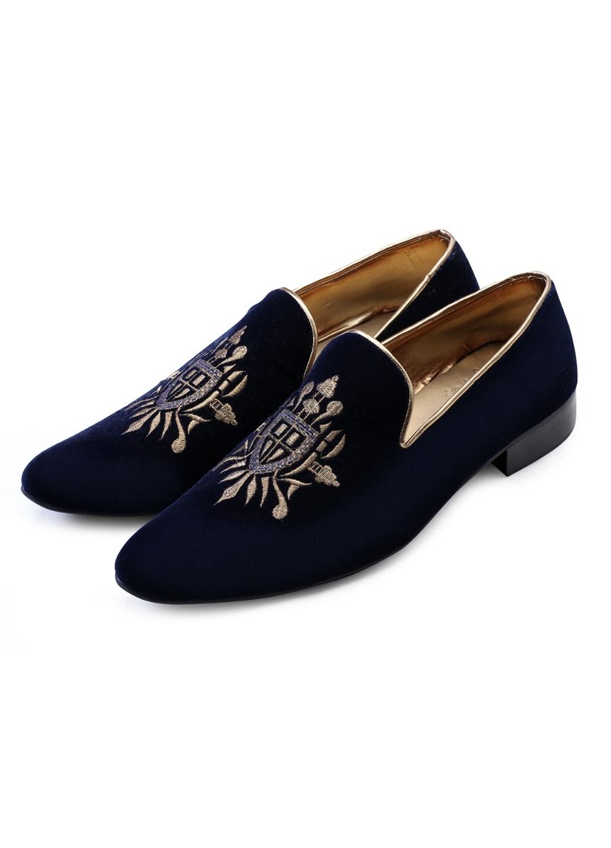 Navy Blue Hand Crafted Light Gold Embroidered Velvet Shoes