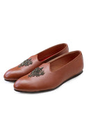 Brown Hand Crafted Zardoshi Embroidered Semi-Leather Jutti - KORANM