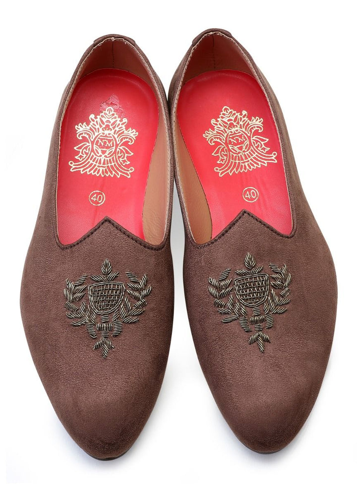 Brown Hand Crafted Zardoshi Embroidered Suede Jutti
