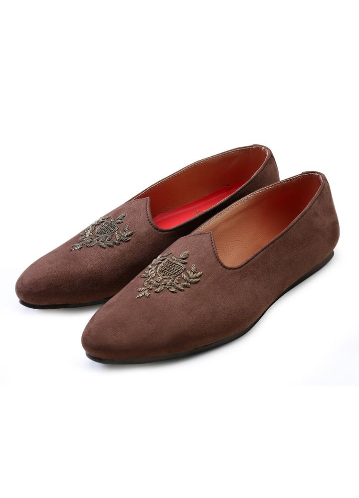 Brown Hand Crafted Zardoshi Embroidered Suede Jutti
