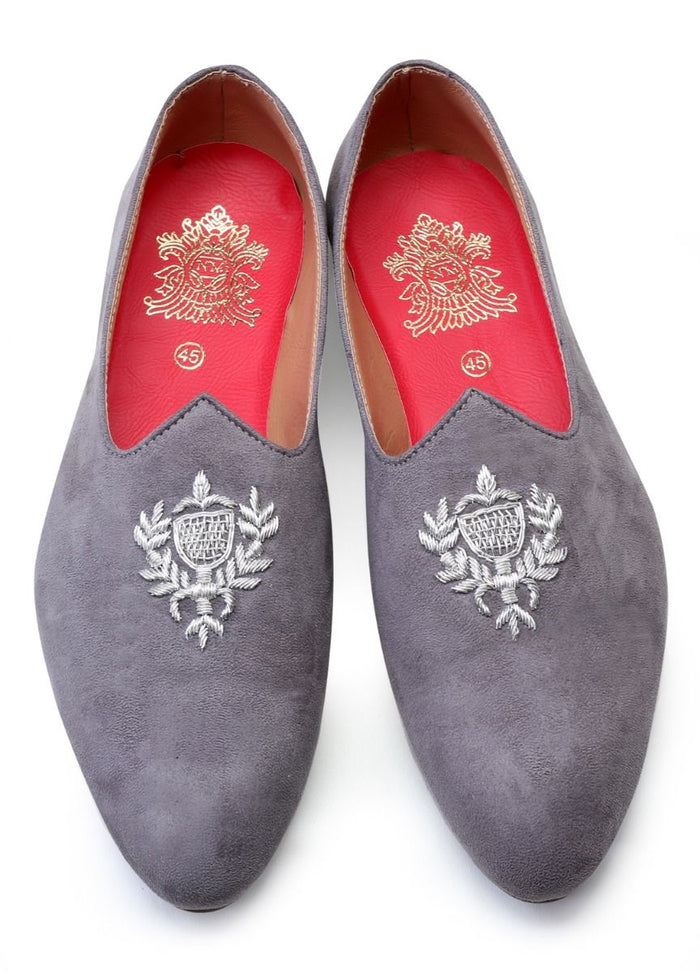 Grey Hand Crafted Zardoshi Embroidered Suede Jutti - KORANM